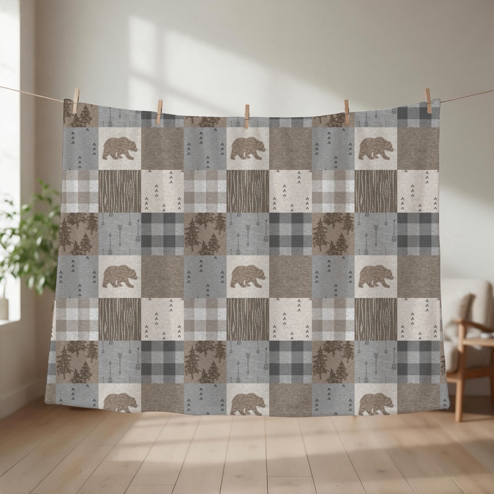Neutral Throw Blanket - Bear Patchwork - Rustic Neutrals Throw