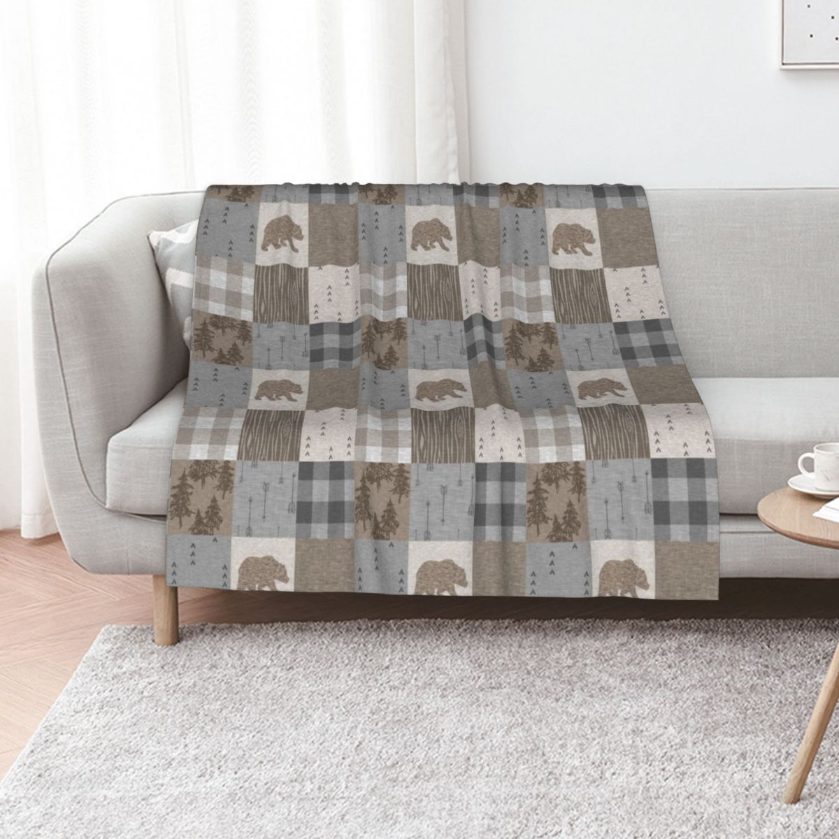 Neutral Throw Blanket - Bear Patchwork - Rustic Neutrals Throw