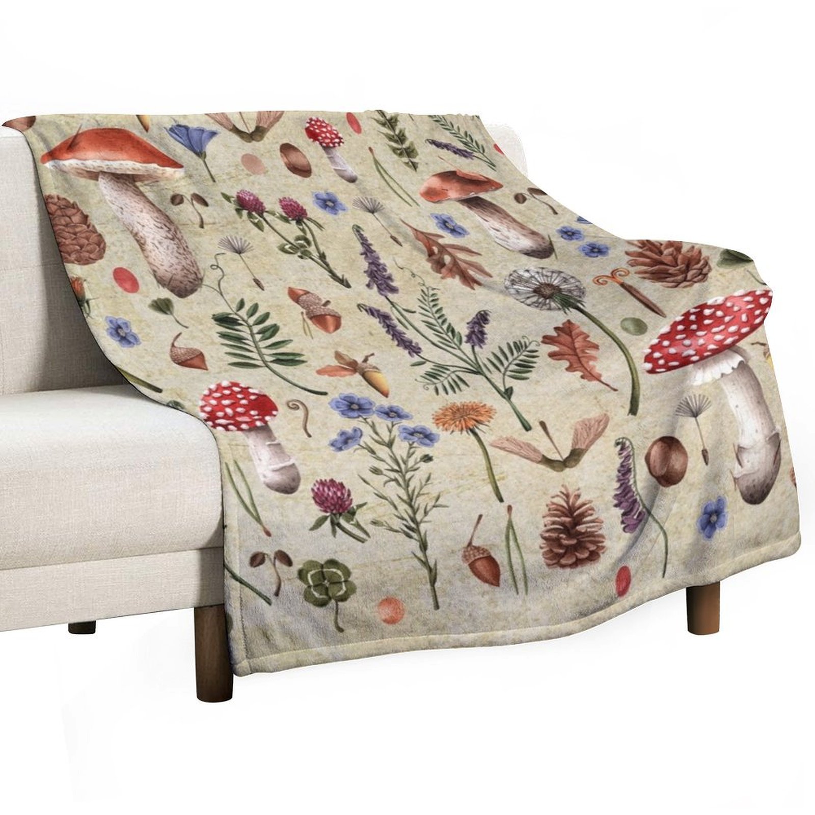 Neutral Throw Blanket - Retro botanical mushrooms, wildflowers d??cor, neutral